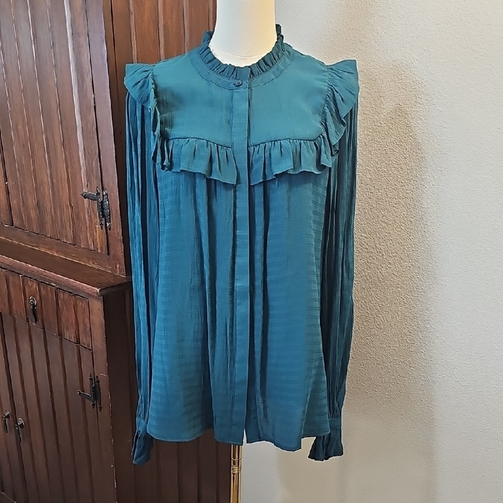 Wonderly Blue Ruffled Mandarin Collar Blouse